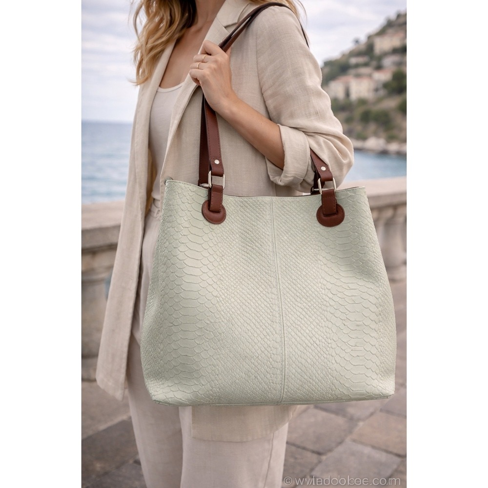 Italian Leather Snakeskin Embossed Tote pale green soft Brown Handle Italy Bag